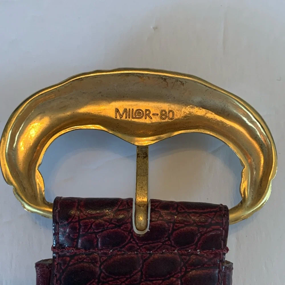 Vintage Milor Faux Alligator belt Gold Art Nouveau Modernist Buckle Brutalist